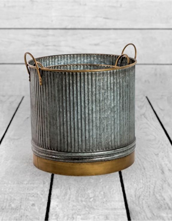 Product photograph of Set Of 3 Galvanised With Brass Details Planters from Choice Furniture Superstore.