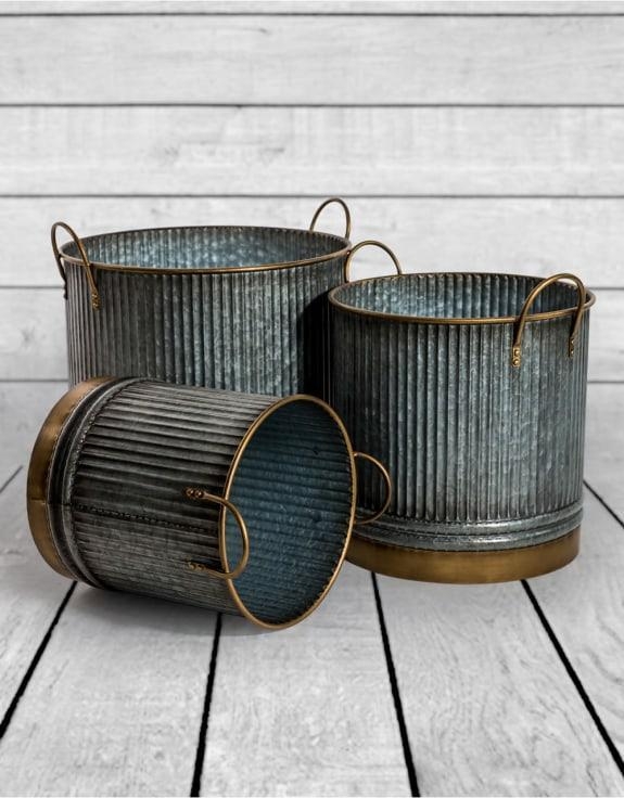 Product photograph of Set Of 3 Galvanised With Brass Details Planters from Choice Furniture Superstore.