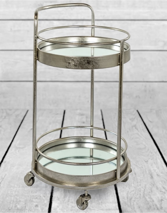 Product photograph of Small Leaf Round Bar Trolley With Mirror Shelves from Choice Furniture Superstore.