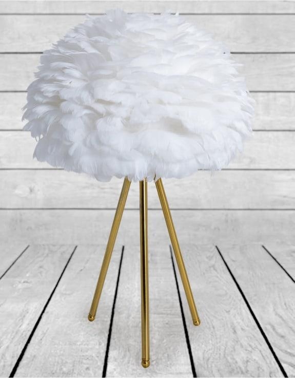 Product photograph of Brushed Brass Tripod Table Lamp With White Feather Shade from Choice Furniture Superstore.