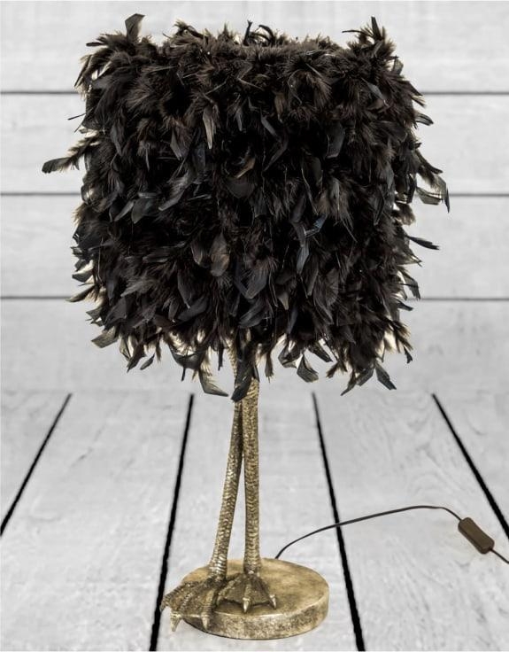 Product photograph of Antique Silver Large Bird Leg Table Lamp With Black Feather Shade from Choice Furniture Superstore.