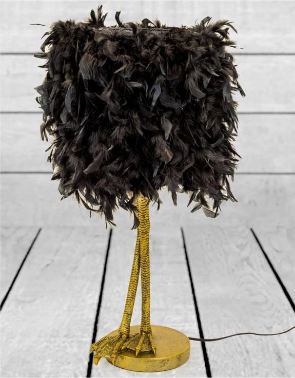 Product photograph of Antique Gold Large Bird Leg Table Lamp With Black Feather Shade from Choice Furniture Superstore.