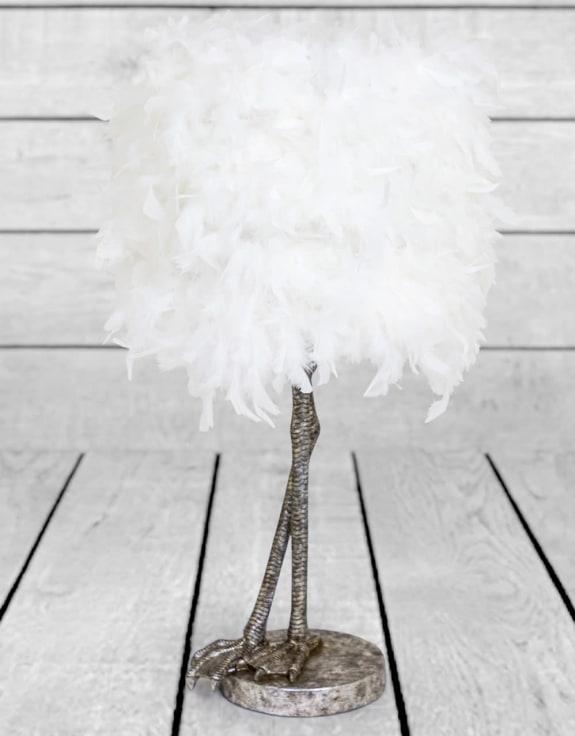 Product photograph of Antique Silver Large Bird Leg Table Lamp With White Feather Shade from Choice Furniture Superstore.