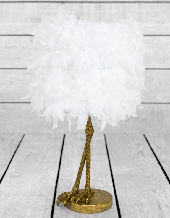Product photograph of Antique Gold Large Bird Leg Table Lamp With White Feather Shade from Choice Furniture Superstore.
