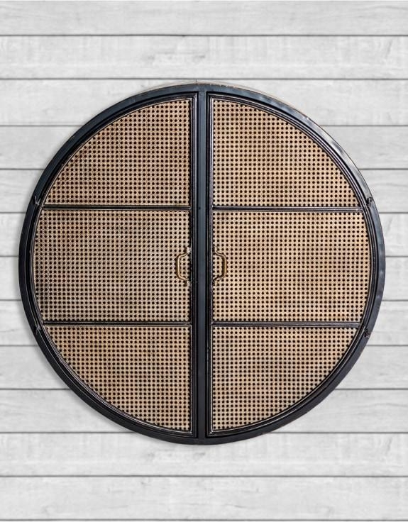 Product photograph of Antiqued Black Large Round Wall Cabinet With Rattan Doors from Choice Furniture Superstore.