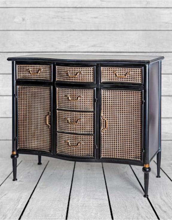 Product photograph of Antiqued Black Side Cabinet With Rattan Sideboard from Choice Furniture Superstore.
