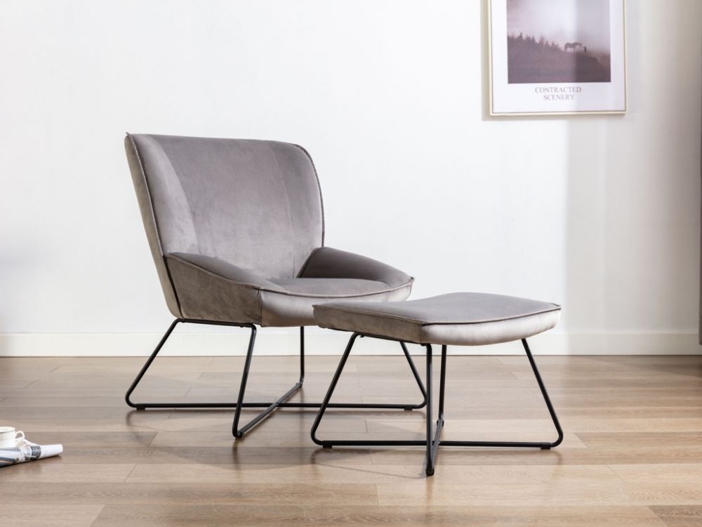 Product photograph of Clearance - Teagan Grey Velvet Fabric Chair And Footstool - D579 from Choice Furniture Superstore.
