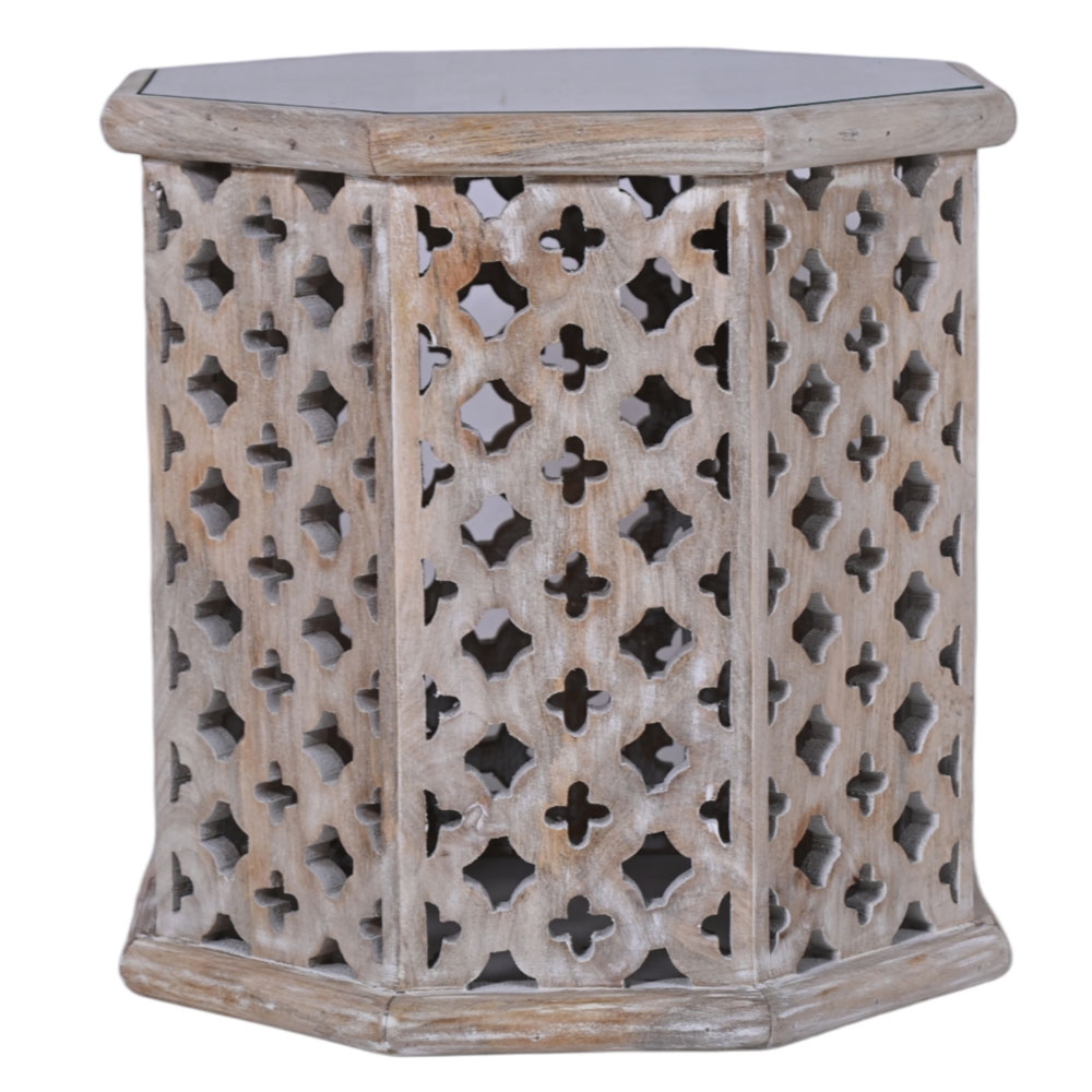 Product photograph of Jaipur Lattice Natural Mango Wood Hexagon Side Table from Choice Furniture Superstore.