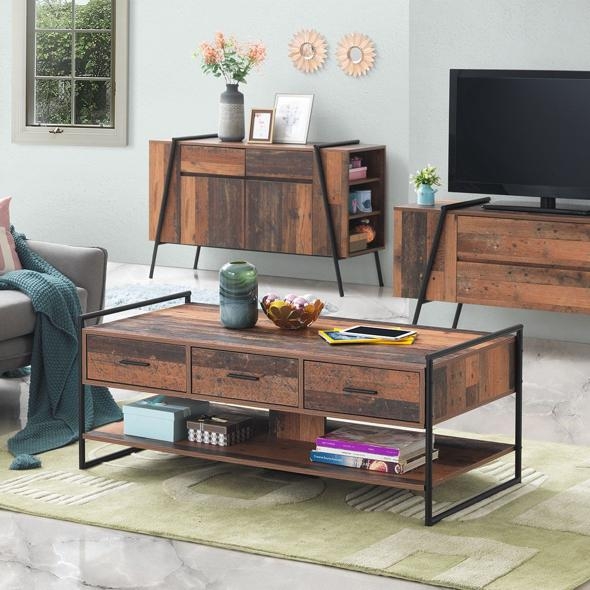 Product photograph of Abbey Rustic Oak 3 Drawer Coffee Table from Choice Furniture Superstore.