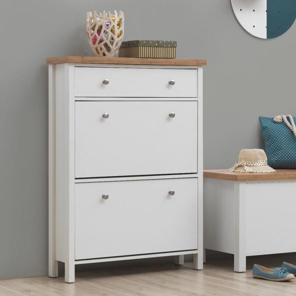 Product photograph of Astbury White And Oak 3 Tier Shoe Cabinet from Choice Furniture Superstore.