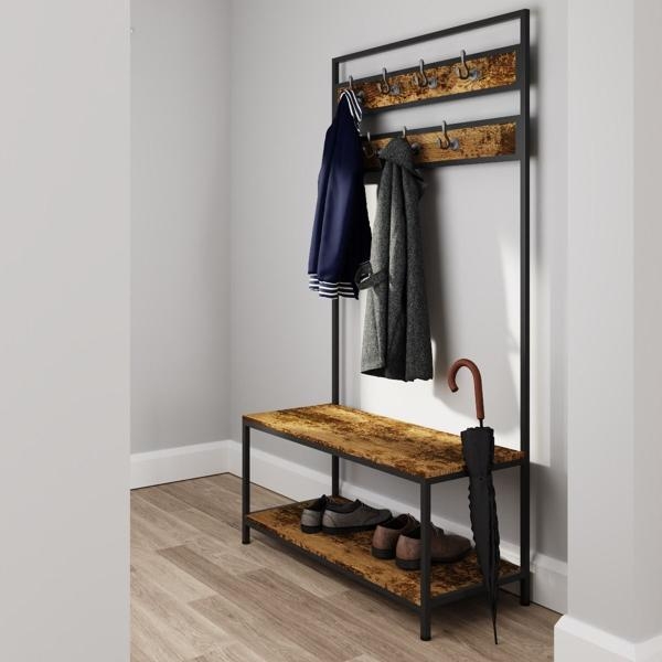 Product photograph of Bala Rustic Oak Shoe Bench With Coat Rack from Choice Furniture Superstore.
