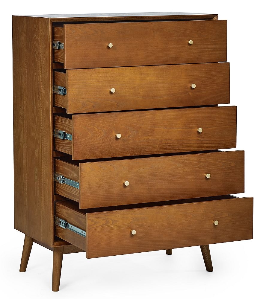 Product photograph of Lowry Cherry Wood Retro Style 5 Drawer Midi Chest from Choice Furniture Superstore.