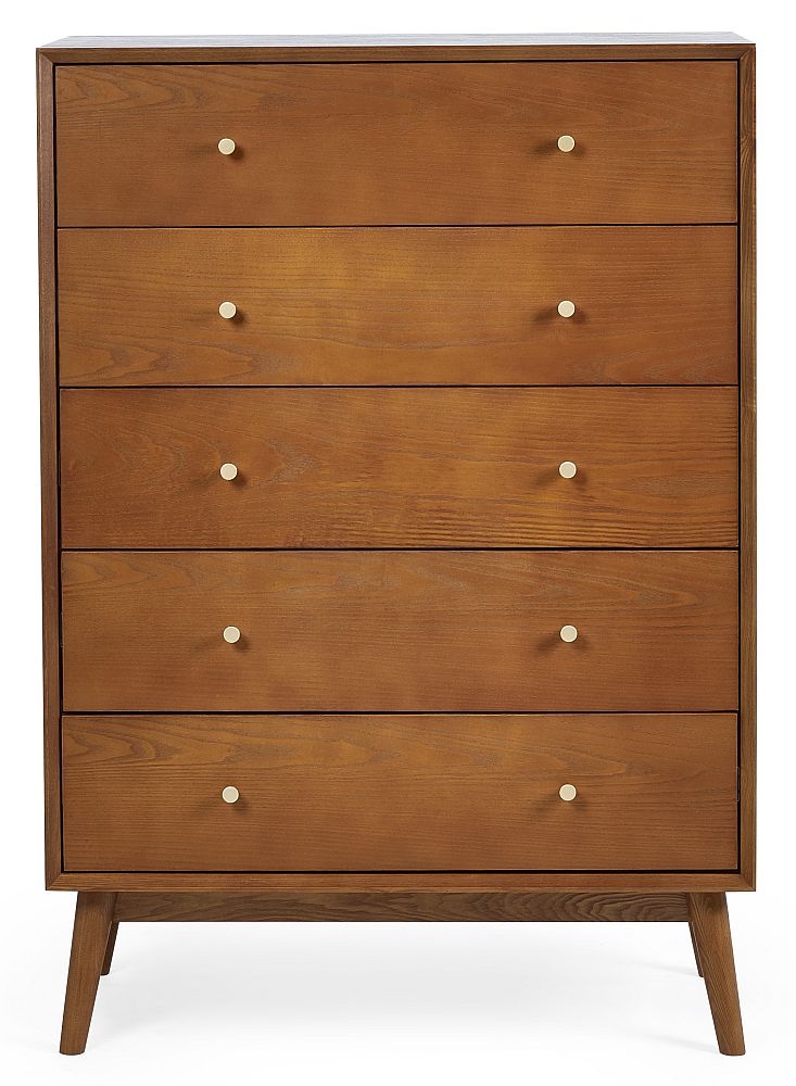 Product photograph of Lowry Cherry Wood Retro Style 5 Drawer Midi Chest from Choice Furniture Superstore.