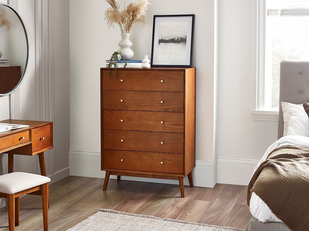 Product photograph of Lowry Cherry Wood Retro Style 5 Drawer Midi Chest from Choice Furniture Superstore.
