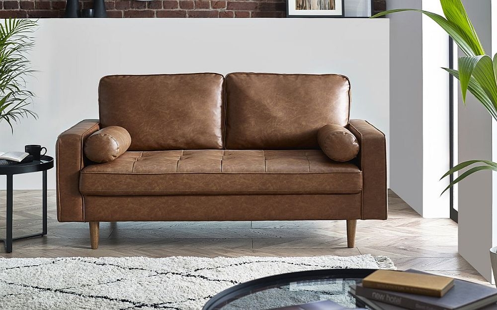 Product photograph of Henley Brown Faux Leather 3 Seater Sofa from Choice Furniture Superstore.