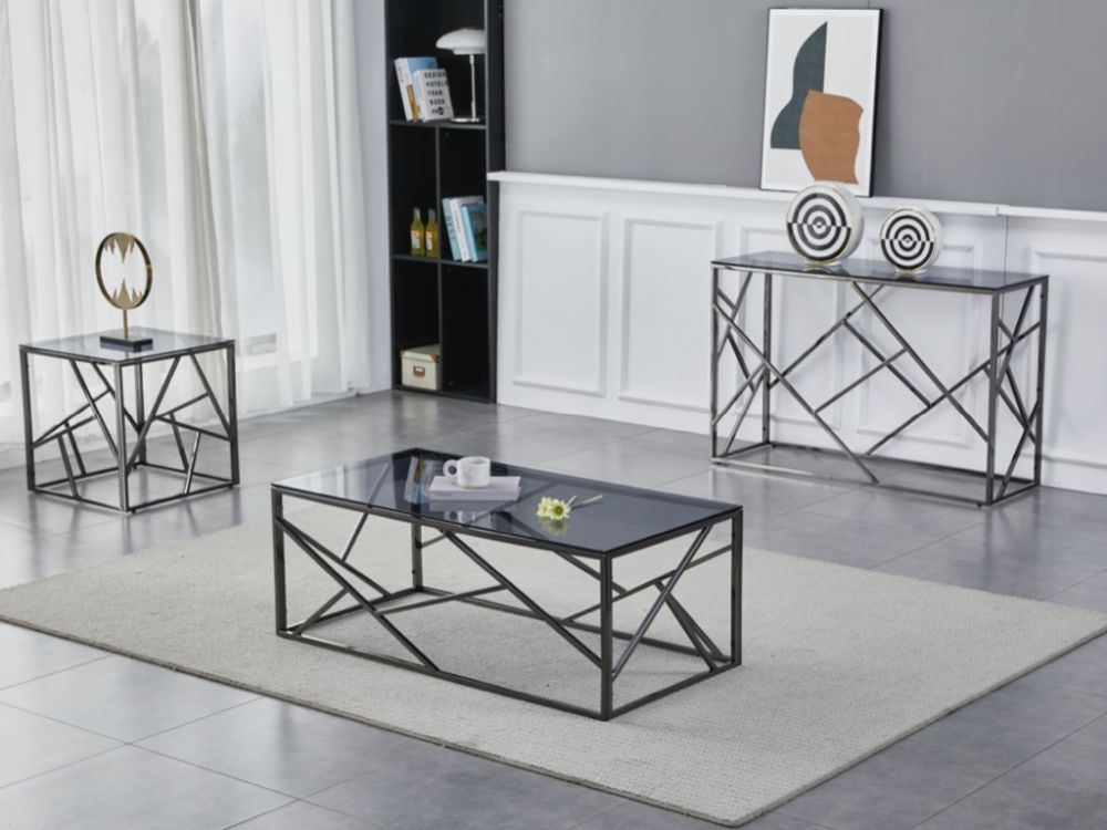 Product photograph of Cortez Smoked Glass And Titanium Coffee Table from Choice Furniture Superstore.