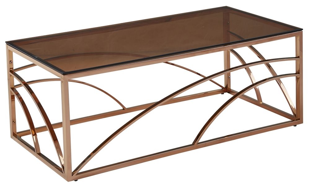 Product photograph of Chic Smoked Glass And Rose Gold Coffee Table from Choice Furniture Superstore.