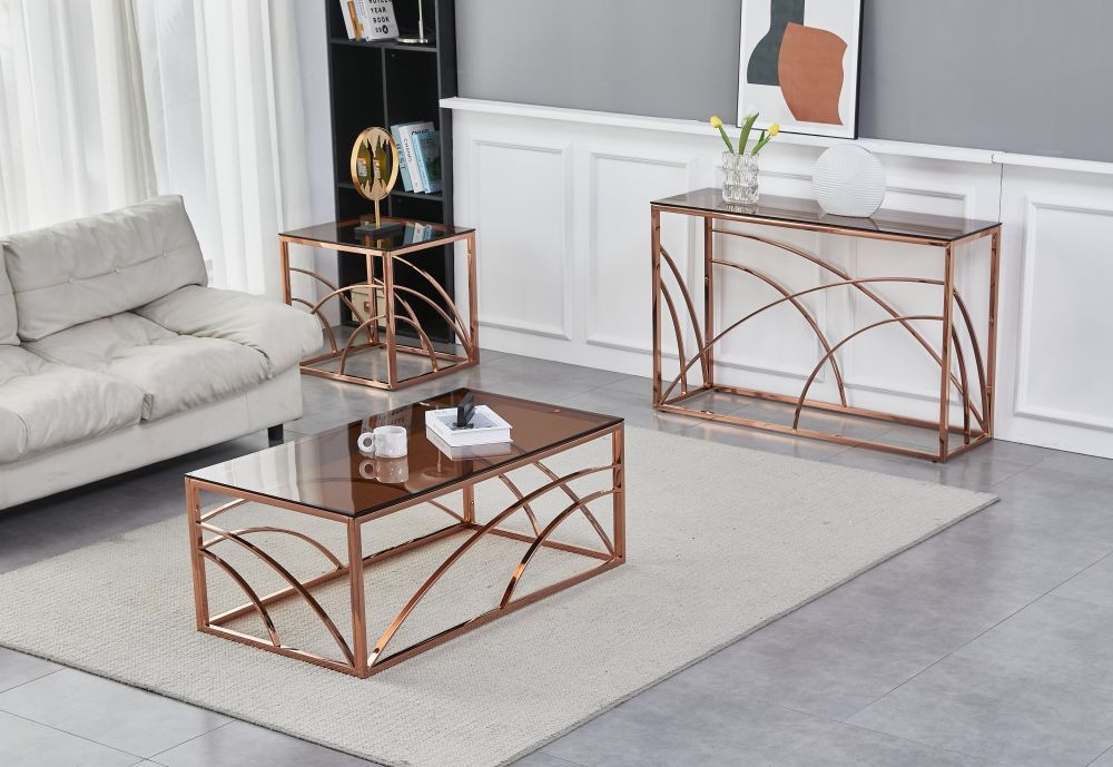 Product photograph of Chic Smoked Glass And Rose Gold Coffee Table from Choice Furniture Superstore.