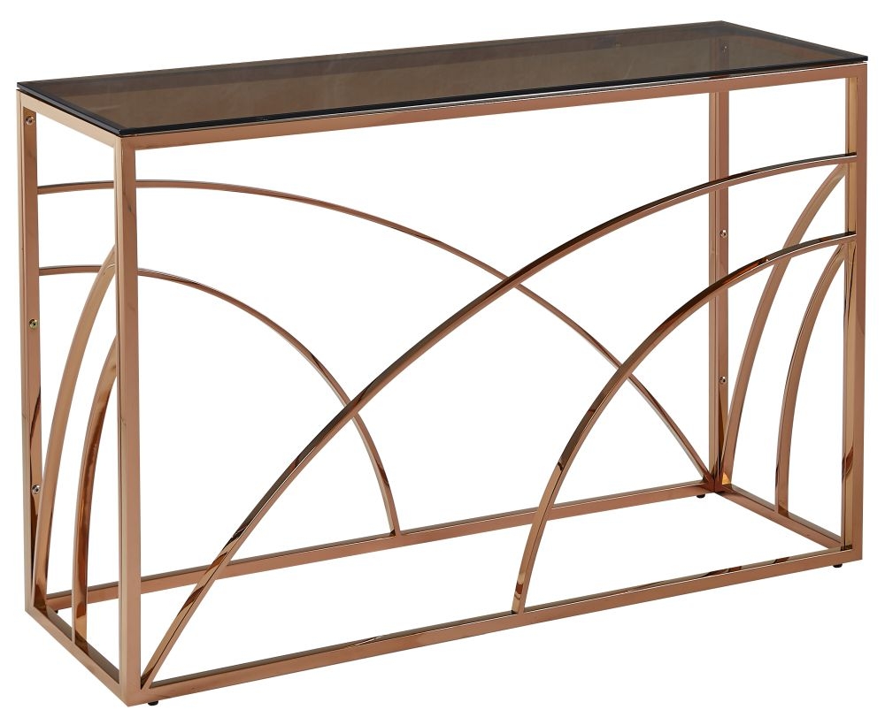 Product photograph of Chic Smoked Glass And Rose Gold Console Table from Choice Furniture Superstore.