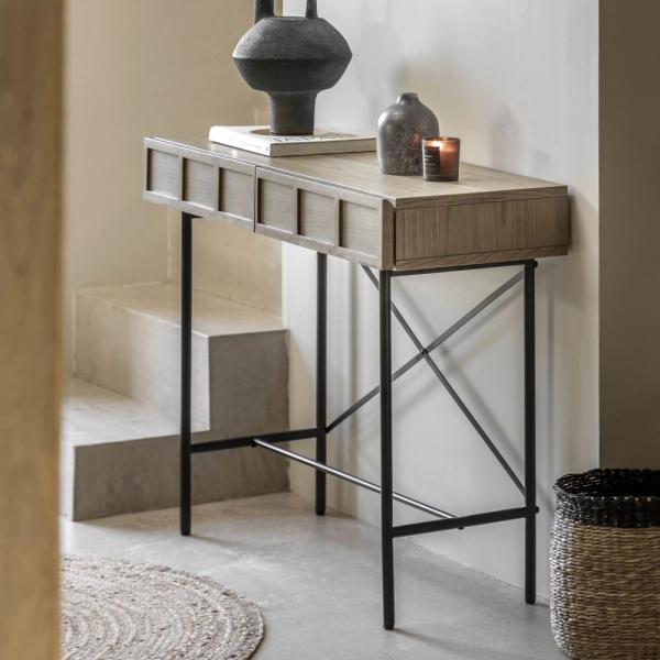 Product photograph of Panelled Grey Washed 2 Drawer Console Table from Choice Furniture Superstore.