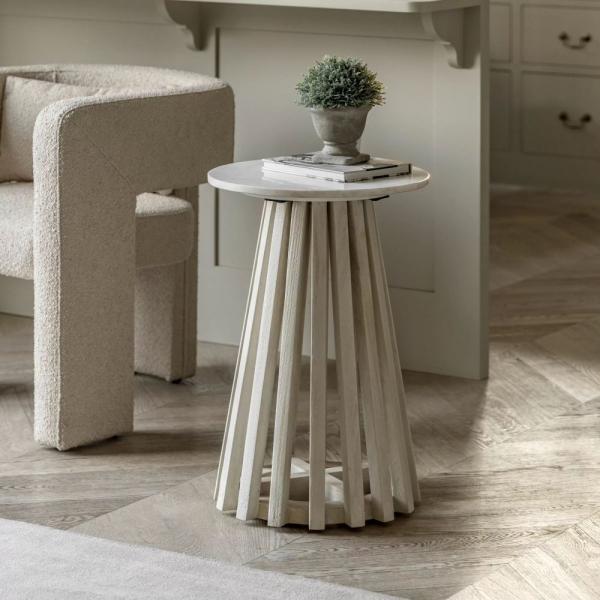 Product photograph of Soho White Marble Round Side Table - Pedastal Slatted Base from Choice Furniture Superstore.