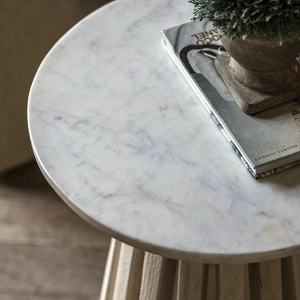 Product photograph of Scio White Marble Top And Natural Round Side Table from Choice Furniture Superstore.