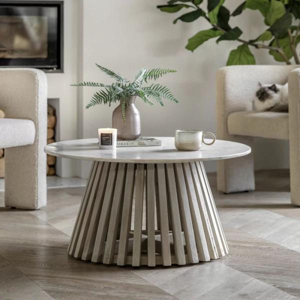 Product photograph of Soho White Marble Top And Natural Round Coffee Table from Choice Furniture Superstore.