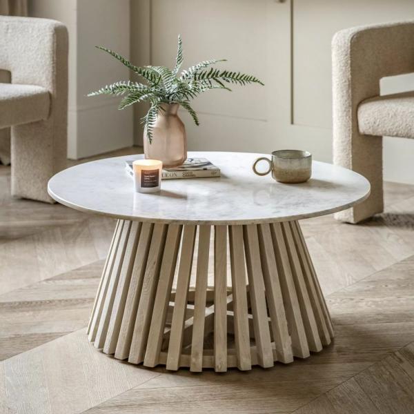 Product photograph of Soho White Marble Top And Natural Round Coffee Table from Choice Furniture Superstore.