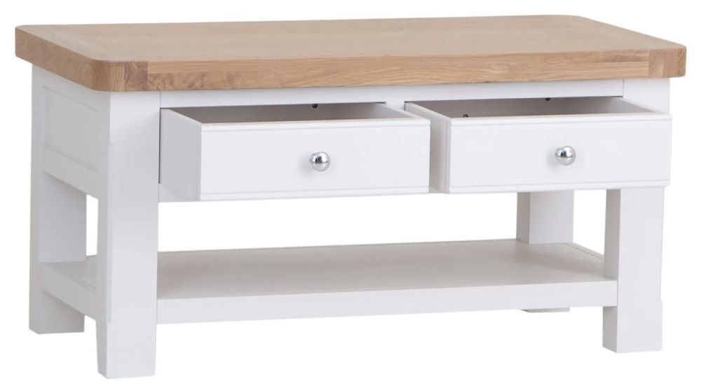 Product photograph of Clairton White 2 Drawer Coffee Table - Oak Top from Choice Furniture Superstore.