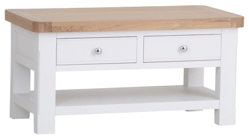 Product photograph of Clairton White 2 Drawer Coffee Table - Oak Top from Choice Furniture Superstore.