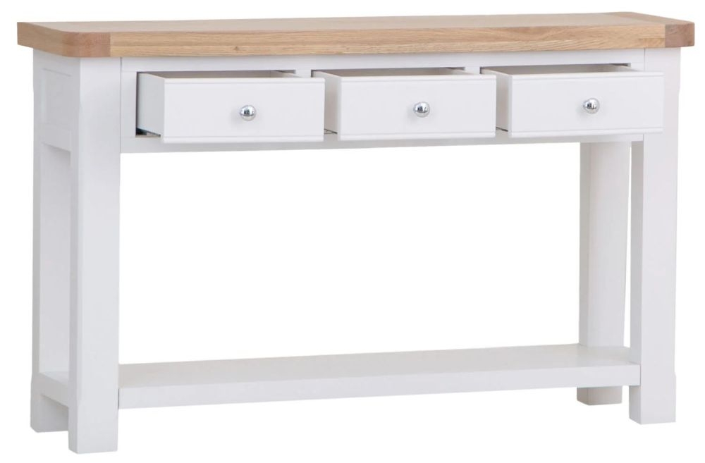 Product photograph of Clairton White 3 Drawer Console Table - Oak Top from Choice Furniture Superstore.