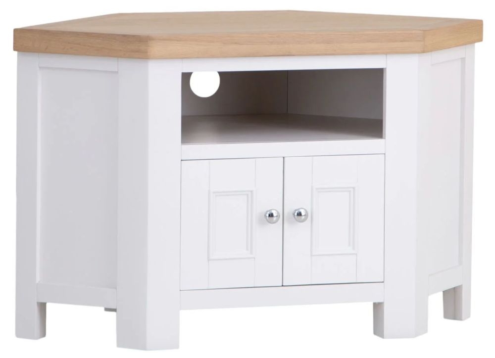 Product photograph of Clairton White 2 Door Corner Tv Unit - Oak Top from Choice Furniture Superstore.