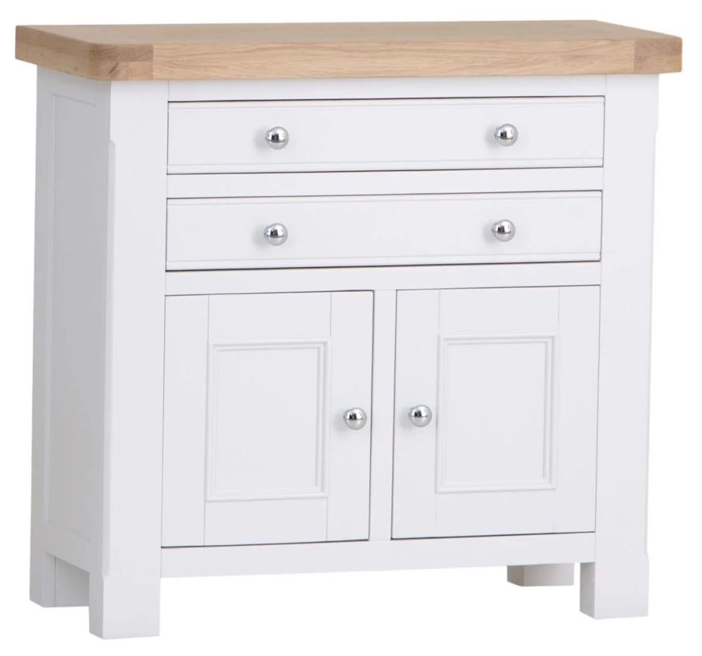 Product photograph of Clairton White 2 Door 2 Drawer Small Sideboard - Oak Top from Choice Furniture Superstore.