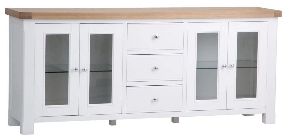 Product photograph of Clairton White 4 Door 3 Drawer Large Sideboard - Oak Top from Choice Furniture Superstore.