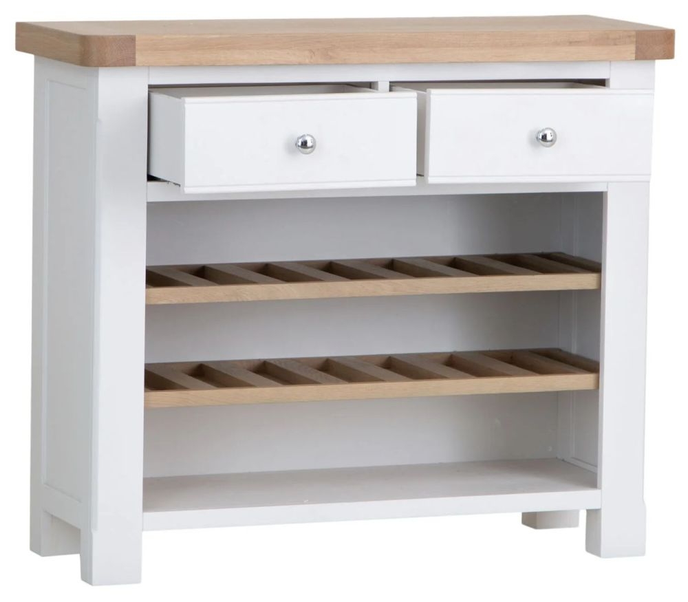 Product photograph of Clairton White 2 Drawer Wine Rack - Oak Top from Choice Furniture Superstore.