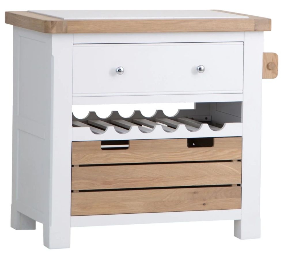 Product photograph of Clairton White 2 Drawer Small Kitchen Island - Oak Top from Choice Furniture Superstore.