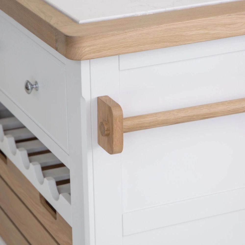 Product photograph of Clairton White 2 Drawer Small Kitchen Island - Oak Top from Choice Furniture Superstore.