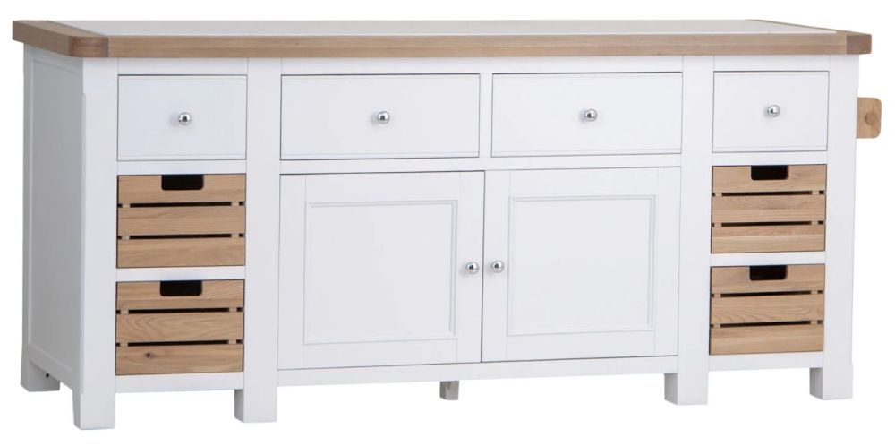 Product photograph of Clairton White 2 Door 8 Drawer Large Kitchen Island - Oak Top from Choice Furniture Superstore.