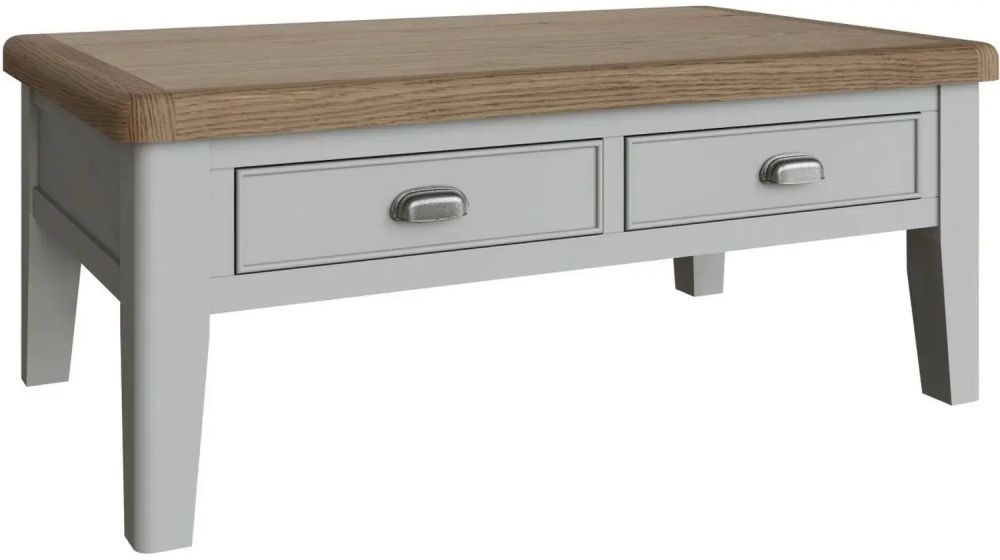 Product photograph of Ringwood Grey Painted 2 Drawer Coffee Table - Oak Top from Choice Furniture Superstore.