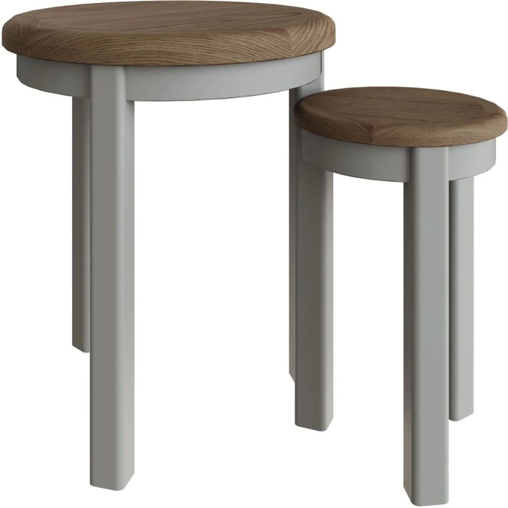 Product photograph of Ringwood Grey Painted Round Nest Of Tables - Oak Top from Choice Furniture Superstore.