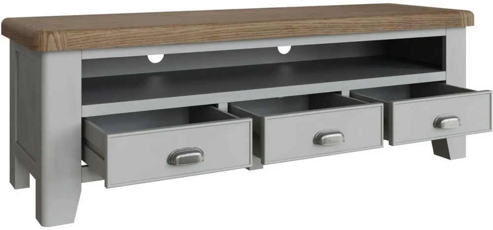 Product photograph of Ringwood Grey Painted Large Tv Unit - Oak Top from Choice Furniture Superstore.