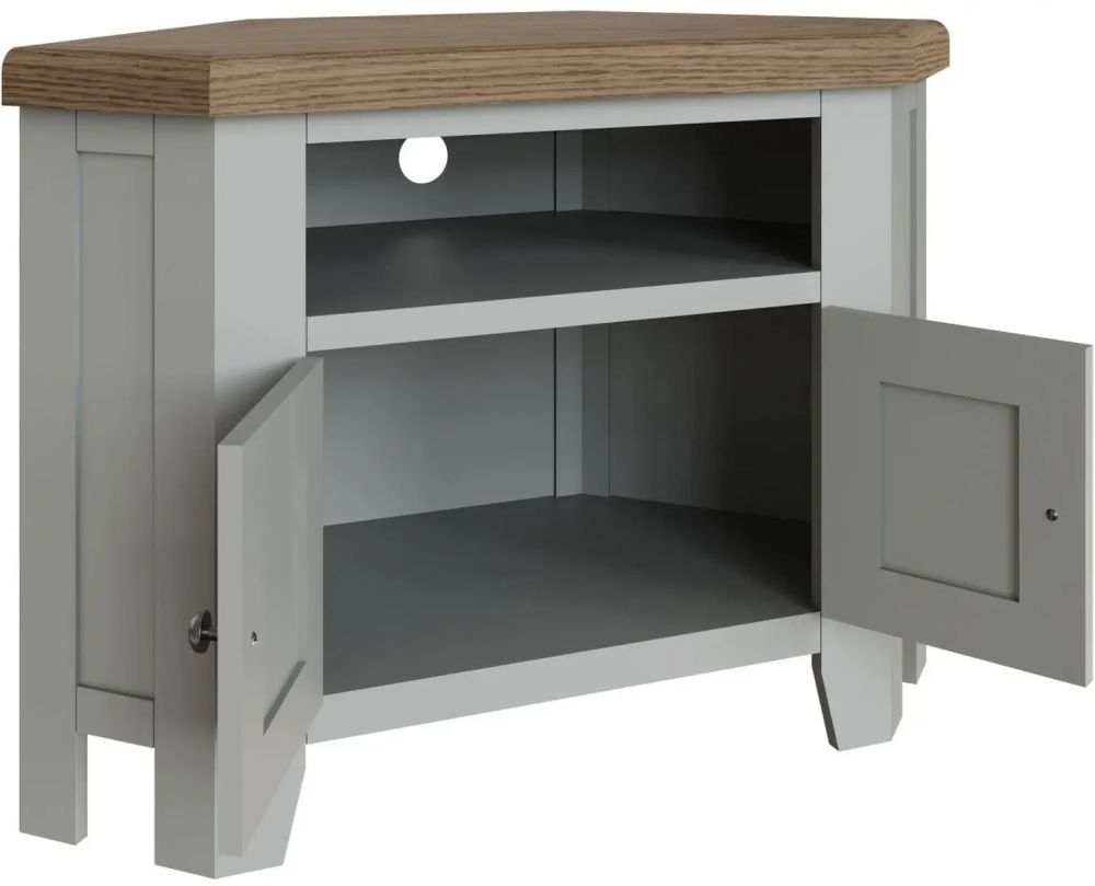 Product photograph of Ringwood Grey Painted Corner Tv Unit - Oak Top from Choice Furniture Superstore.