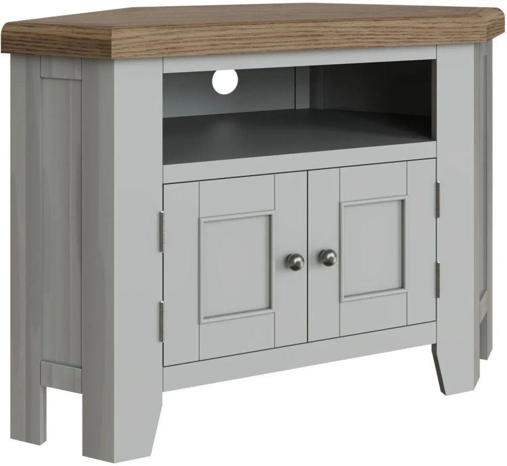 Product photograph of Ringwood Grey Painted Corner Tv Unit - Oak Top from Choice Furniture Superstore.