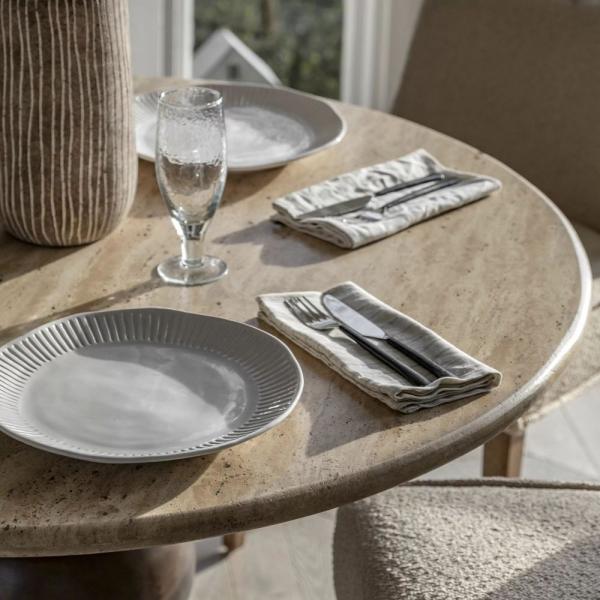 Product photograph of Sculpt Travertine Stone Top And Dark Mango Wood 2 Seater Round Dining Table from Choice Furniture Superstore.