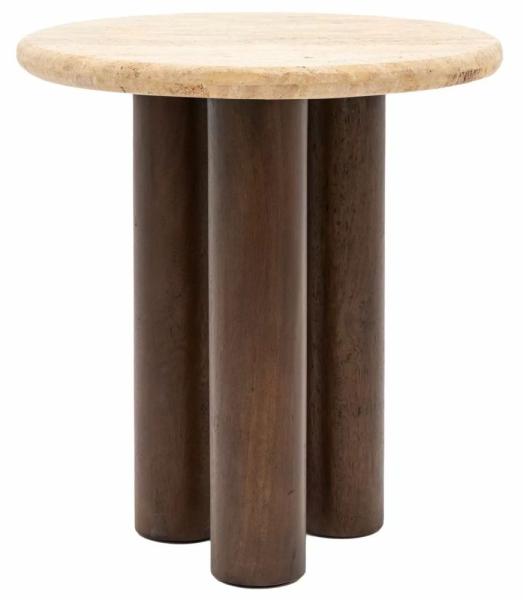 Product photograph of Texico Travertine Stone Top And Dark Wood Round Side Table from Choice Furniture Superstore.