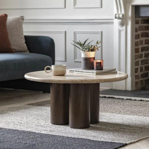 Product photograph of Trevi Travertine Stone Top And Dark Wood Round Coffee Table from Choice Furniture Superstore.
