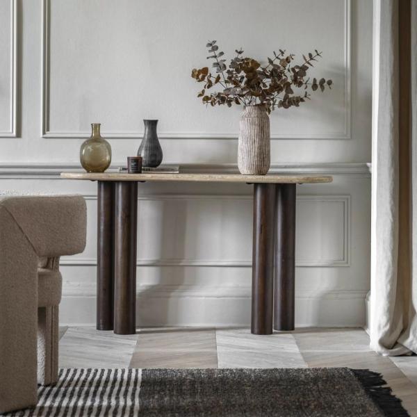 Product photograph of Trevi Travertine Stone Top And Dark Wood Console Table from Choice Furniture Superstore.