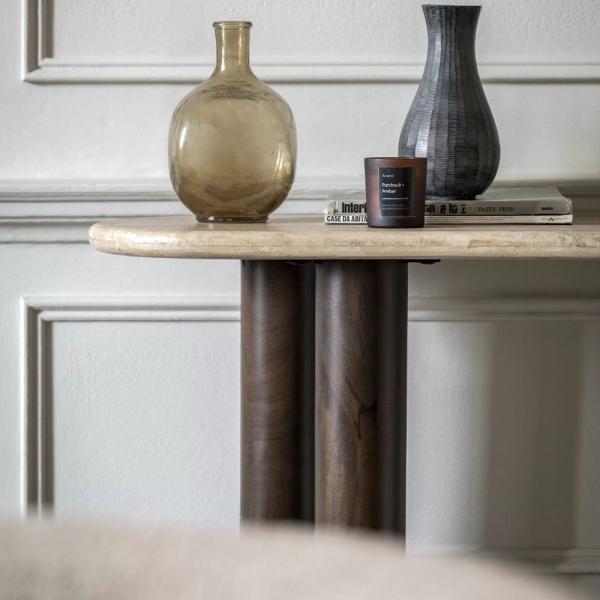 Product photograph of Trevi Travertine Stone Top And Dark Wood Console Table from Choice Furniture Superstore.