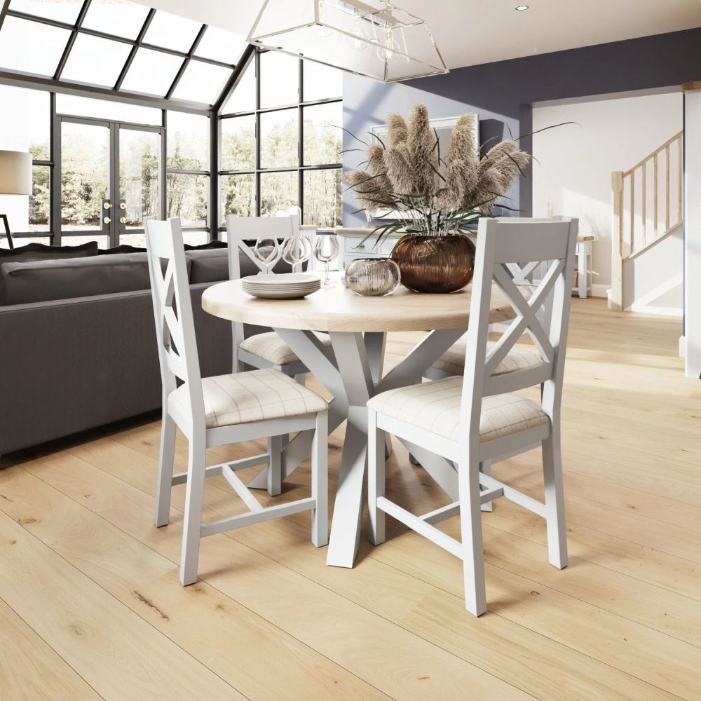 Product photograph of Ringwood Grey Painted 4 Seater Round Dining Set With 4 Natural Seat Fabric Chairs from Choice Furniture Superstore.