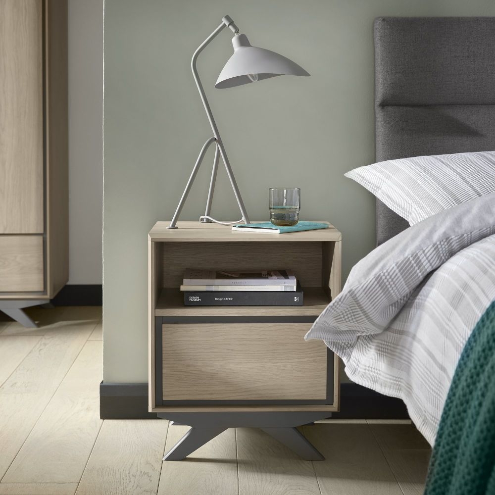 Product photograph of Bentley Designs Brunel Scandi Oak And Dark Grey 1 Drawer Bedside Cabinet from Choice Furniture Superstore.
